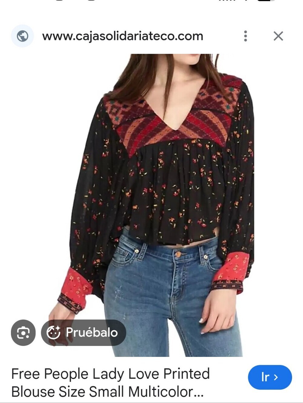 Free People Black Multicolor Printed V-Neck Peasant Top with Red Trim